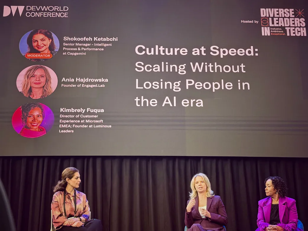 Ania Hajdrowska speaking on the Culture at Speed panel at DEVWorld Conference, hosted by Diverse Leaders in Tech