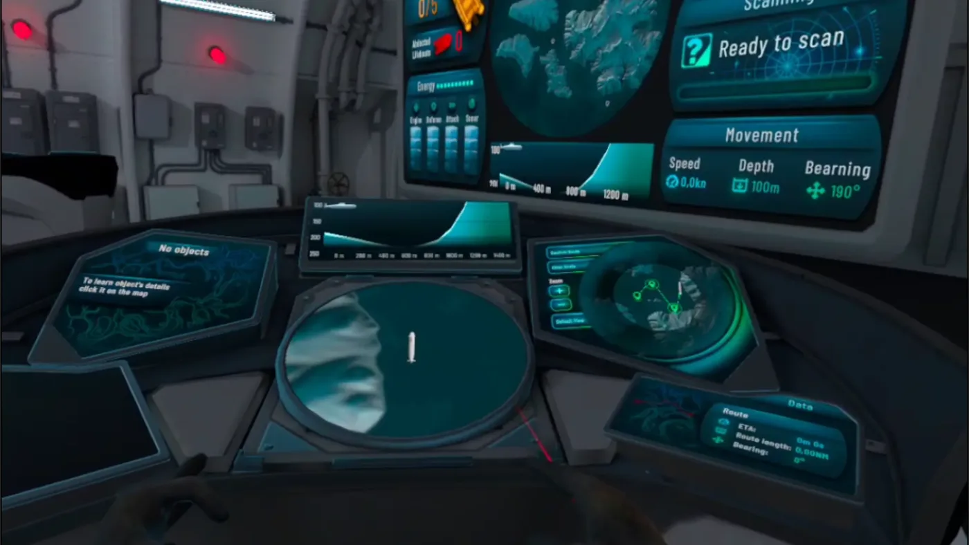 Wnętrze symulacji VR Mission One — widok z kokpitu łodzi podwodnej